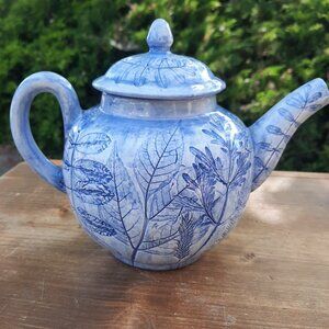 Pressed Foliage Teapot Leaf Stamped 6.5" ARTIST SIGNED Pottery Fred Devlin Blue